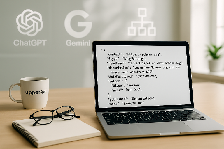 Laptop ekranında Schema.org için hazırlanmış JSON-LD veri şeması kodu görüntüleniyor. Masada 'upper4ai' logolu bir kupa, bir not defteri ve gözlük bulunuyor. Arka planda ChatGPT ve Gemini logoları yer alıyor.