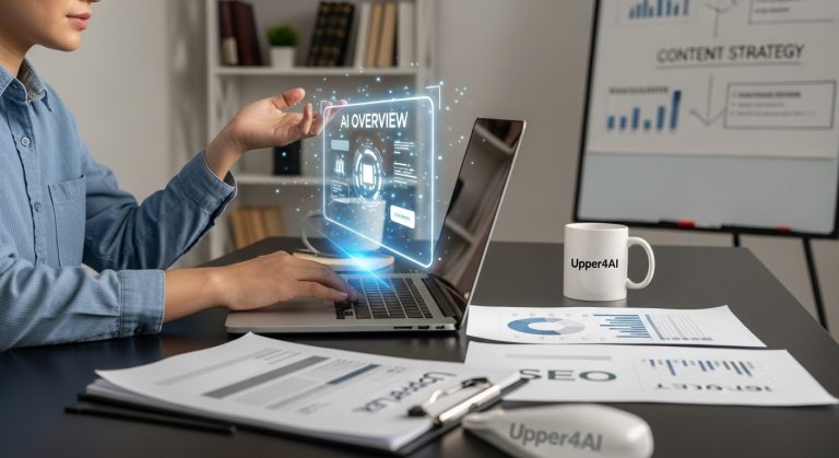 “Bir masa başında dizüstü bilgisayardan AI Overview hologramına bakan bir kişi. Masada SEO raporları, Upper4AI logolu bir kupa ve içerik stratejisi panosu bulunuyor.”