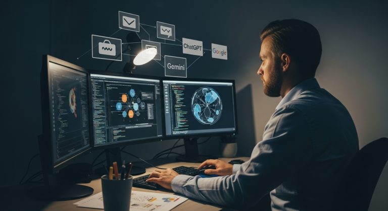 Üç monitörlü karanlık bir ofiste, teknik mimari ve yapay zekâ uyumluluğu üzerinde çalışan bir uzman. Monitörlerde kodlar, dünya veri ağı ve ChatGPT, Gemini, Google bağlantı diyagramları yer alıyor.