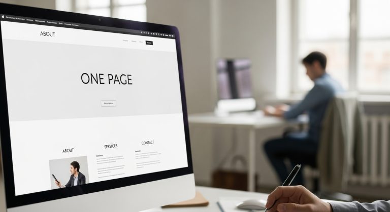 Bilgisayar ekranında tek sayfalık bir web sitesi açıkken, arka planda çalışan bir dijital stratejist görülüyor. Ekranda “One Page”, “About”, “Services”, “Contact” bölümleri yer alıyor.