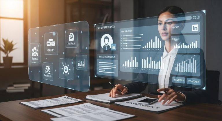 “Profesyonel bir kadın, holografik bir arayüzde dijital profil sunumu yapıyor. Ekranda ChatGPT, Gemini, Perplexity simgeleri, LinkedIn profili, veri grafikleri, About – Reviews – Contact bölümleri görülüyor. Masada Expertise ve Experience belgeleri yer alıyor.”