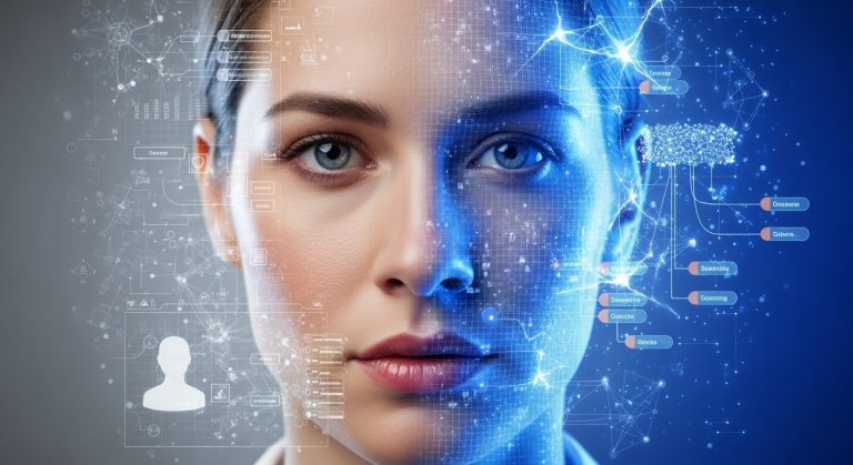 Half-human, half-digital face symbolizing the fusion of brand identity and artificial intelligence visibility, with semantic data nodes and neural network overlays.