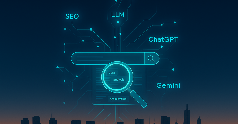 SEO'nun LLM sistemlerine dönüşümünü simgeleyen ChatGPT, Gemini ve Schema.org ikonlarıyla desteklenen dijital arama görseli