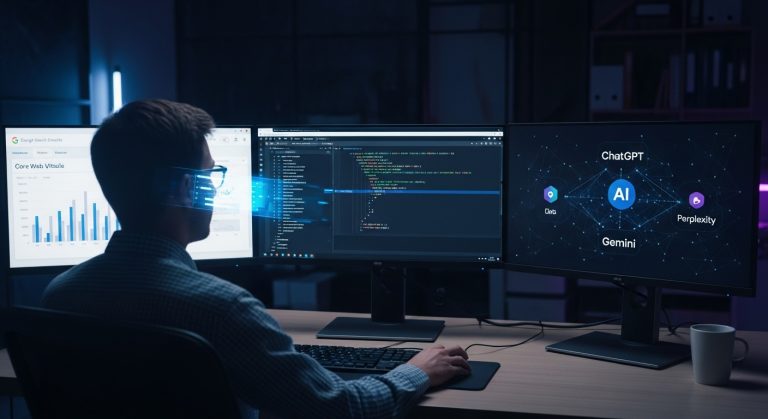 Üç monitörlü karanlık bir ofiste, Google Search Console, JSON-LD schema ve LLM sistemleriyle (ChatGPT, Gemini, Perplexity) çalışan bir analist. Monitörlerde veri, kod ve yapay zekâ bağlantıları yer alıyor.