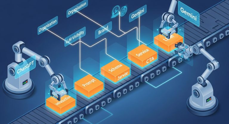 ChatGPT ve Gemini tarafından optimize edilen içerik bloklarının üretim hattında işlendiği içerik mühendisliği görseli
