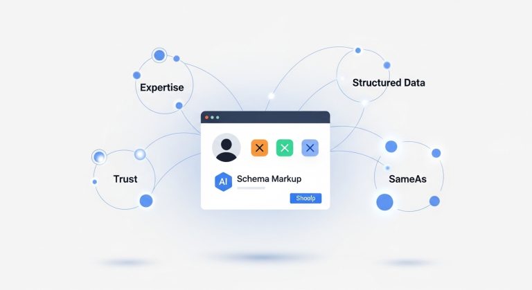 Schema Markup, Structured Data, SameAs ve Expertise kavramlarının bağlantılarını gösteren minimal bir görsel.