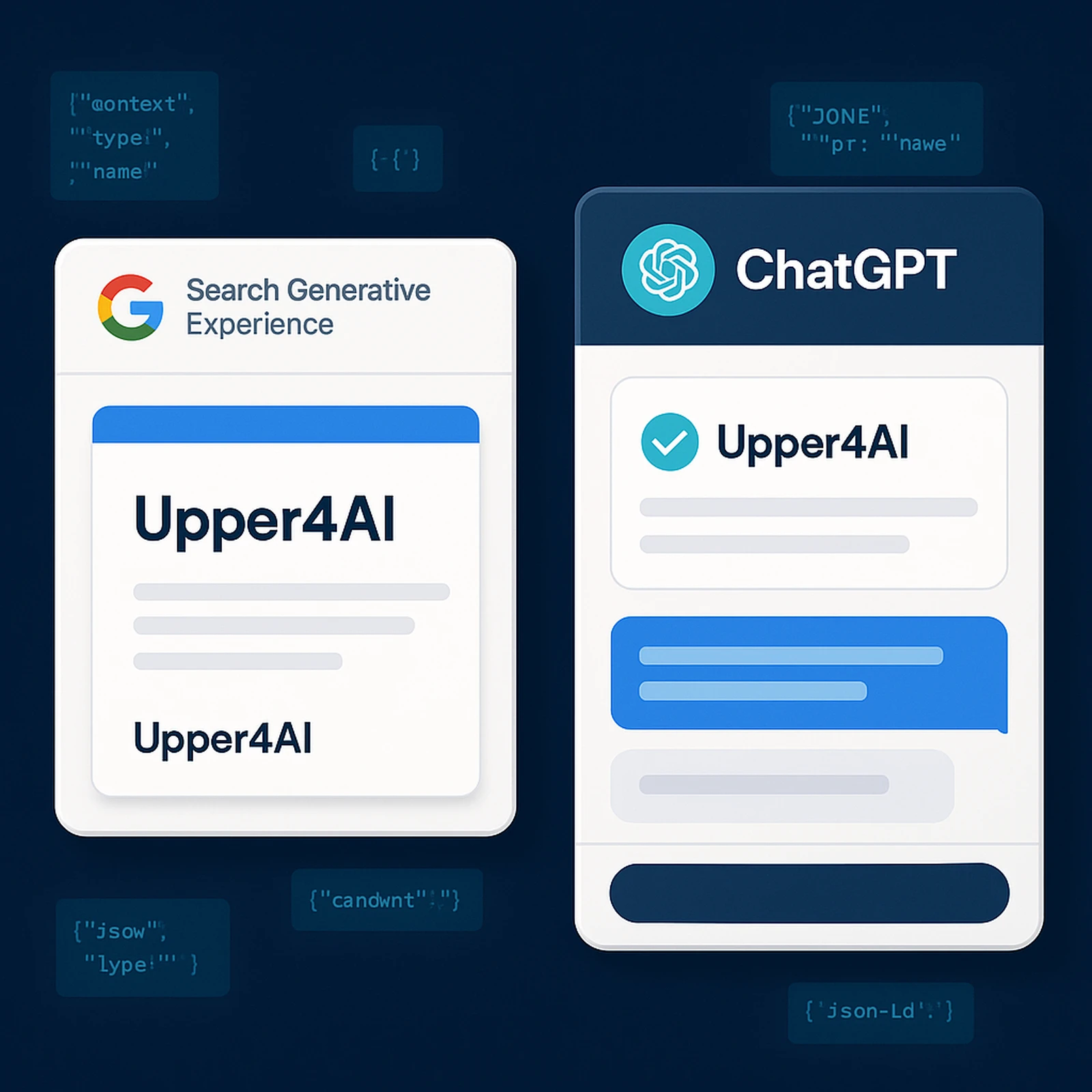 Upper4AI markasının Google SGE snippet ve ChatGPT penceresinde alıntılandığını gösteren görsel