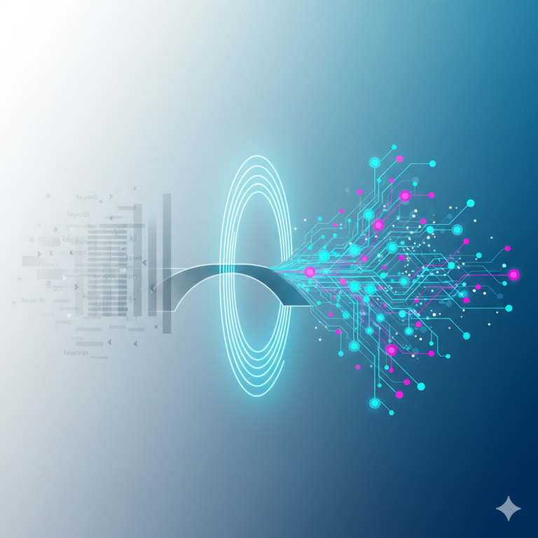 Geleneksel SEO’dan yapay zekâ destekli LLM görünürlüğüne geçişi anlatan dijital illüstrasyon. Soluk gri anahtar kelimelerden, parlak bir portalla yapay zekâ ağlarına uzanan bir dönüşümü simgeliyor.