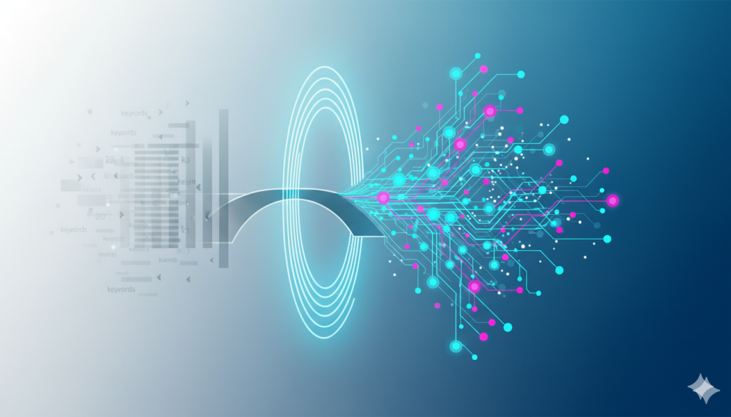 Geleneksel SEO’dan yapay zekâ destekli LLM görünürlüğüne geçişi simgeleyen dijital illüstrasyon. Sol tarafta soluk gri anahtar kelimeler, ortada parlak bir portal, sağda ise yapay zekâ düğümlerinden oluşan bir ağ görülüyor. Dönüşüm ve ilerleme temasını yansıtan sade, futuristik bir tasarım.