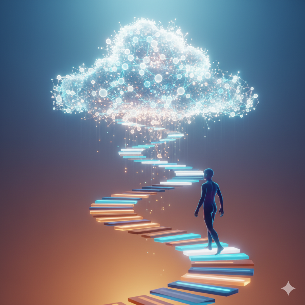 Bir insan figürü, parlayan merdiven basamaklarından yukarıya doğru yürüyerek ışık ağlarından oluşan bir buluta ulaşıyor. Görsel, sıralama odaklı SEO’dan anlam merkezli yapay zekâ görünürlüğüne geçişi temsil ediyor.