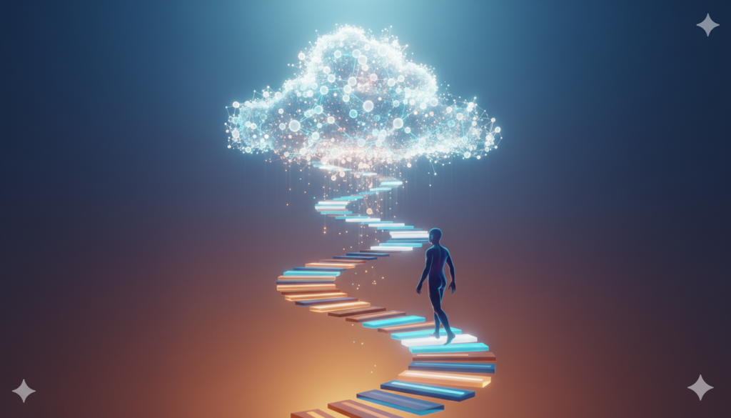 Bir insan figürü, parlayan basamaklardan oluşan spiral bir merdivenden yukarıya doğru yürüyerek ışık ağlarından oluşan parlak bir buluta ulaşmaya çalışıyor. Görsel, sıralama odaklı SEO’dan anlam merkezli yapay zekâ görünürlüğüne geçişi sembolize ediyor.