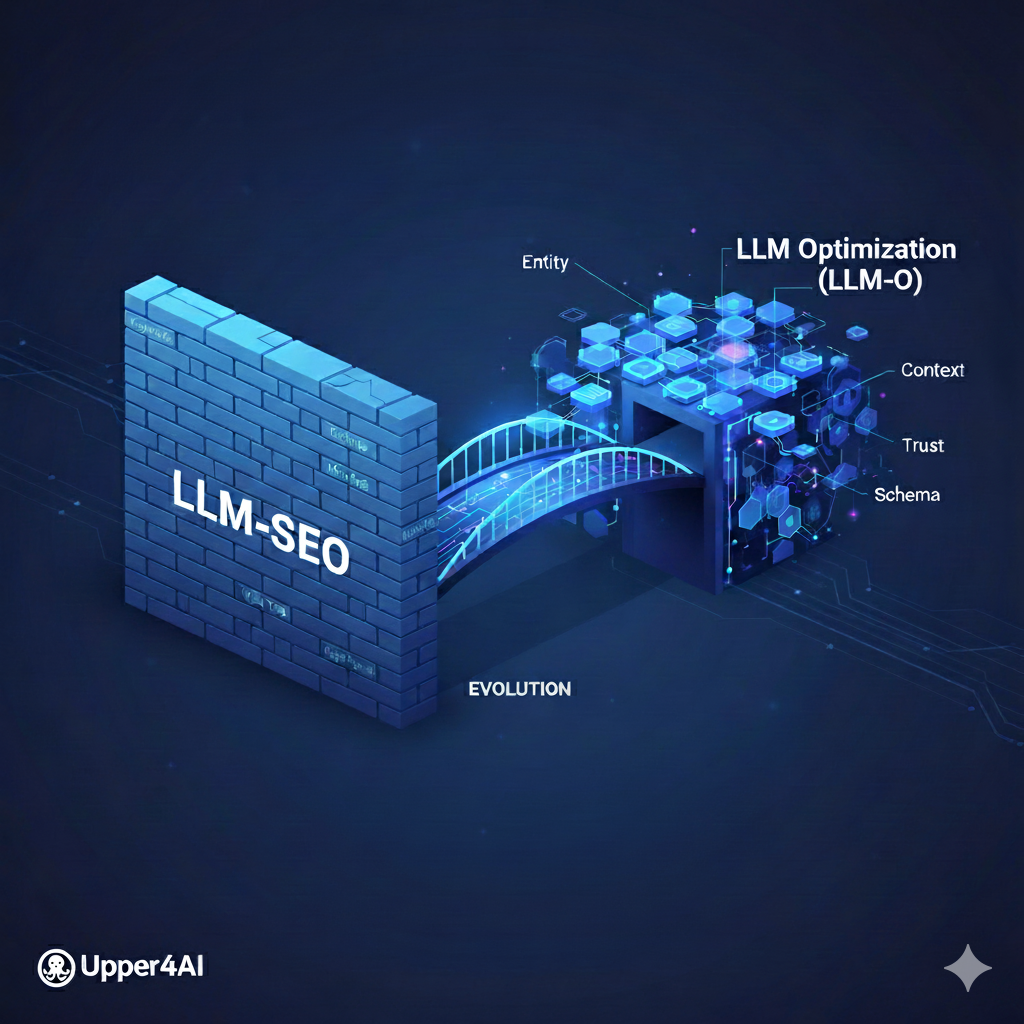 “LLM-SEO’dan LLM-Optimizasyonuna geçişi temsil eden dijital köprü metaforu. Sol tarafta anahtar kelime duvarı, sağda bağlamsal yapay zekâ ağı ve veri ilişkileri.”