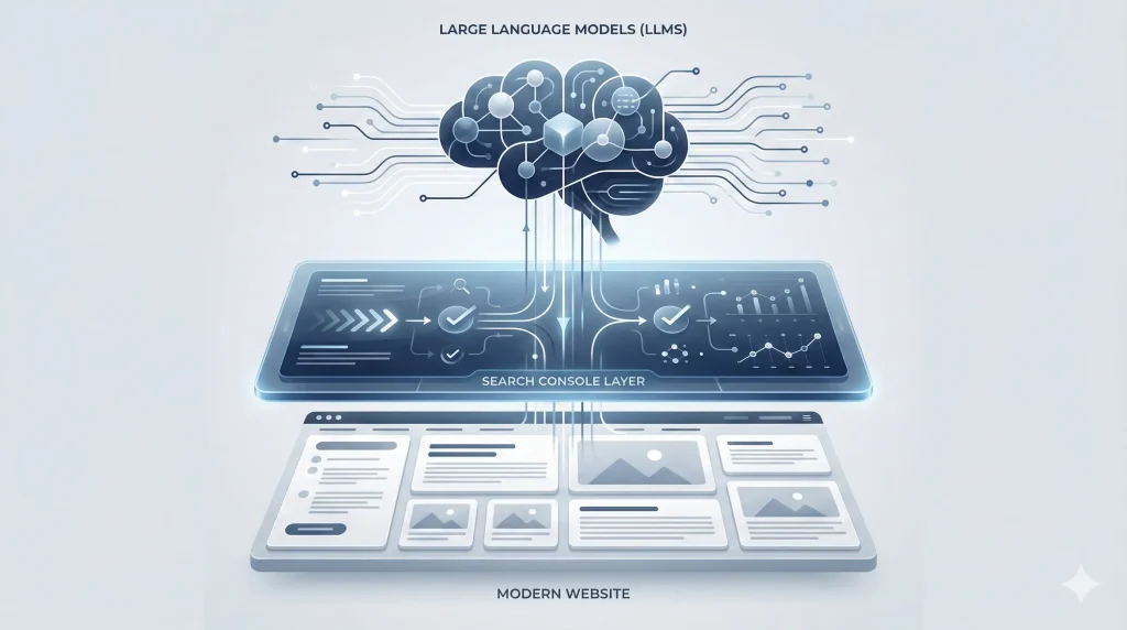 Google Search Console’un teknik teşhis katmanı olarak modern bir web sitesini büyük dil modellerine bağlayan mimari görselleştirme
