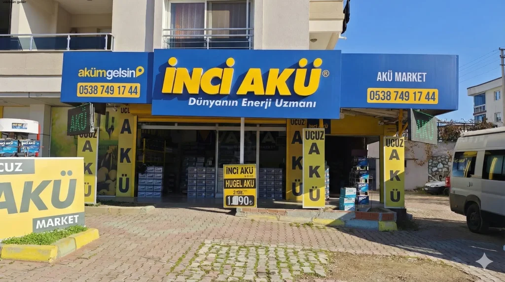 İzmir Akü Market Ayrancılar İnci ve Varta Yetkili Bayii dış cephe mağaza görünümü, orijinal akü satışı ve yerinde akü servisi.