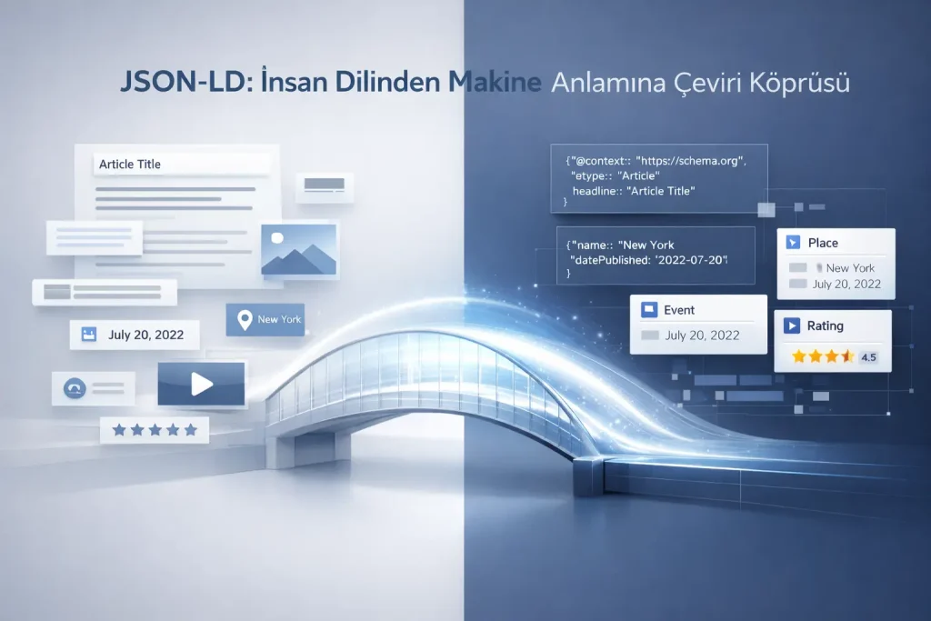 Web içeriğinin JSON-LD formatındaki yapılandırılmış veriye dönüşüm sürecini görselleştiren dijital köprü metaforu